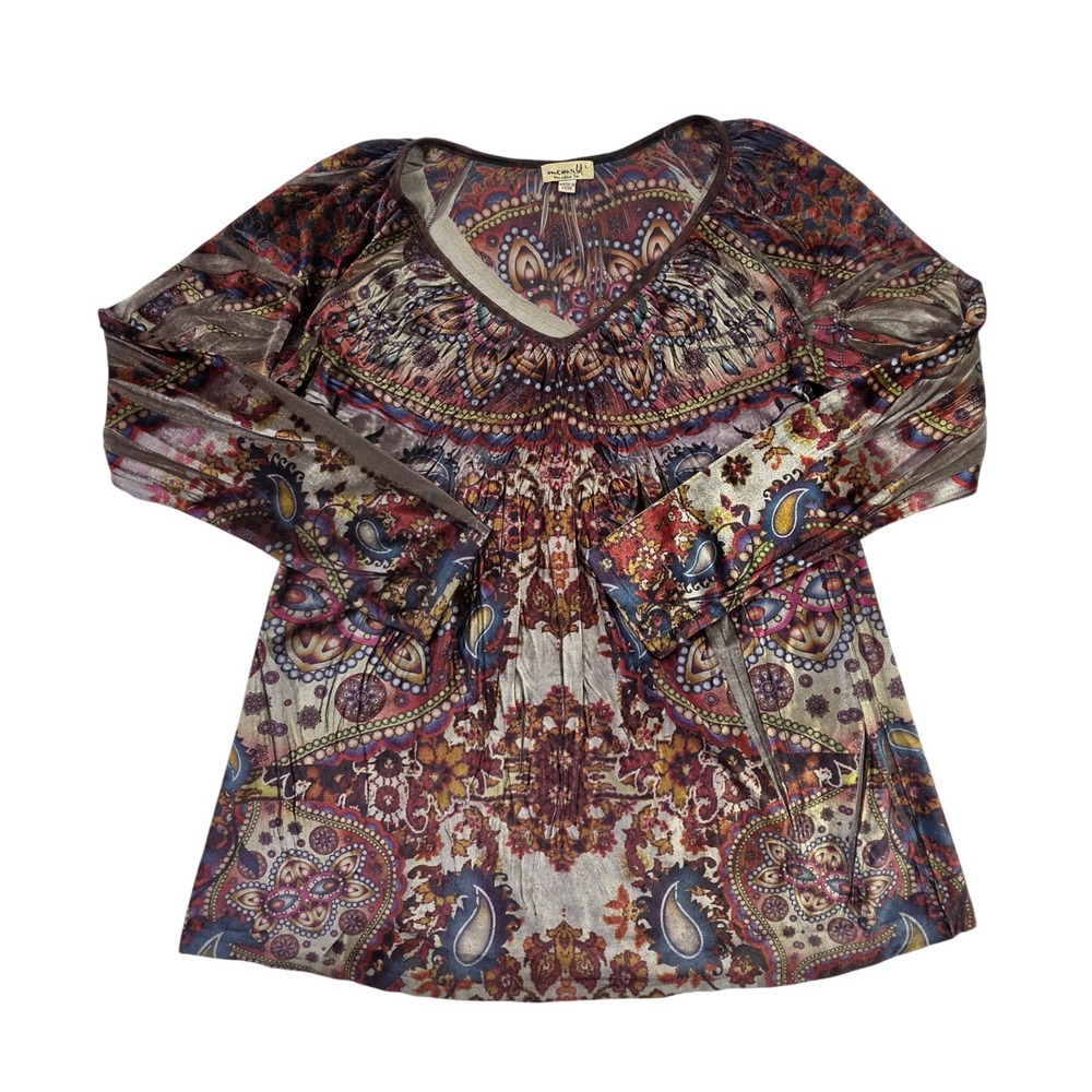 One World Womens Large Paisley Mandala V-Neck Velvet Long Sleeve Boho Top